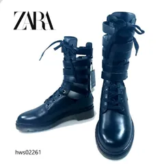 【新品未使用】ZARA ザラ 38 本革 レザー カットアウト コンバットブーツ ブラック 24.5cm レースアップ 編み上げ グラディエーター 希少 完売品 激レア モード 厚底 タンクソール ロック パンク V系 美脚 脚長 通勤 通学 hws02261