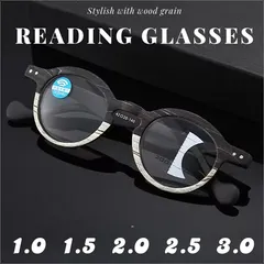 【+1.0+1.5+2.0+2.5+3.0】老眼鏡 遠近両用 多集点 丸眼鏡 リーディンググラスめがね黒ブラック 木目調ウッドおしゃれレディースメンズ 丸い丸型 レトロクラシックモダン ボストン ラウンド ブルーライト PCパソコン TR90 お洒落 軽い軽量