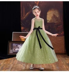 ★150cm グリーン 子供ドレス ワンピース ロングドレス ピアノ発表会 子供 ドレス 女の子 フォーマル フォーマルドレス パーティードレス チュールスカート 結婚式 七五三 発表会 花童 フラワーガール キッズドレス ds168ze