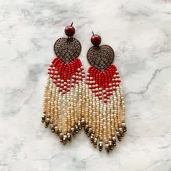 【選べる金具】ハート 透かしパーツ スワロフスキーパール チェコビーズ フリンジ ピアス イヤリング レッド No.1971