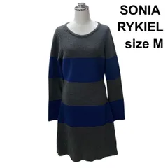 ◆ ソニアリキエル SONIA RYKIEL ニットワンピース 長袖 ボートネック 膝丈 ボーダー グレー ブルー 毛 M 9号 レディース H5Y075のサムネイル