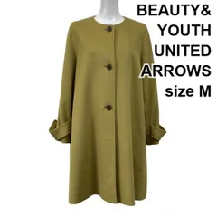 ◆ 美品 ビューティアンドユース BEAUTY&YOUTH ノーカラーフレアコート メルトンビーバー ロング マスタード 毛混 M 9号 レディース S5X371