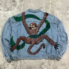 【超一点モノ】　80s　BANANA REPUBLIC　バナナリパブリック　ナマケモノ　ハンドペイント　アートピース　アニマル　トップス　長袖　トラッカージャケット　デニムジャケット　古着　ライトブルー　L