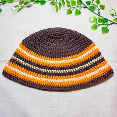 SS-26 春夏用 クラッシャーハット コットン バケットハット  ビーニー 男女兼用  ハンドメイド 手編み  クロシェハット 茶XオレンジXオフホワイトXマスタード