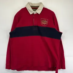 古着 エディー・バウアー Eddie Bauer 長袖 ポロシャツ ラガーシャツ ロゴプリントデザイン アウトドア ボーダー L  レッド メンズ