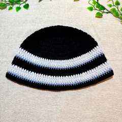 SS-27 春夏用 クラッシャーハット コットン バケットハット  ビーニー 男女兼用  ハンドメイド 手編み  クロシェハット 黒XベビーブルーXペールブルー