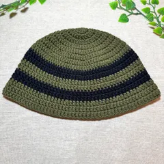 SS-29春夏用 クラッシャーハット コットン バケットハット  ビーニー 男女兼用  ハンドメイド 手編み  クロシェハット カーキX黒