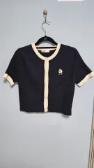 M スパオ-半袖ニット バイカラーカーディガン (ネイビー)