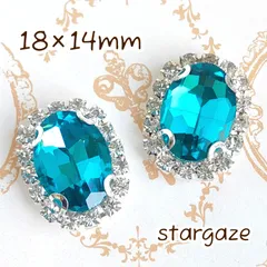 【 3個 】 18×14mm オーバル/楕円 センターパーツ ストーン ビジュー カボション ピーコックブルー×シルバーフレーム