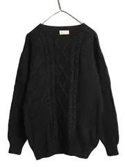 【お得なクーポン配布中!】 60s 70s ウール ニット セーター メンズ M 程/ ハンドメイド ヴィンテージ  フィッシャーマン アラン ケーブル 手編み 無地 黒 シンプル