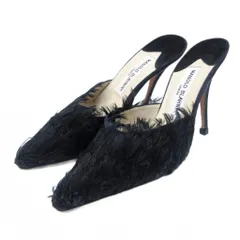 マノロブラニク MANOLO BLAHNIK ミュール フェザー デザイン ポインテッドトゥ ハイヒール 37 約24cm 黒 ブラック IBO79 1111