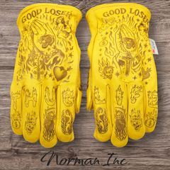 冬用　レザーグローブ　バイク　タトゥー　アメリカン　カスタム　裏起毛　手袋 牛革 冬用 保温綿 裏起毛 レザーグローブ スカル アメリカン バイク