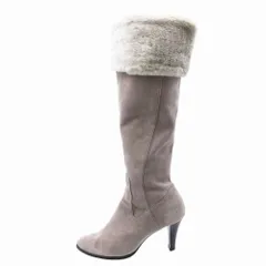 銀座かねまつ GINZA Kanematsu ファー付き スエード ロング ブーツ ヒール サイドジップ サイズ24.5cm ベージュ レディース 【中古】