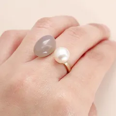 【6月誕生石】 グレーオニキス × 淡水ボタンパール 約14mm 8mm / フォークリング フリーサイズ 指輪 真鍮メッキ製 ゴールド ロジウム