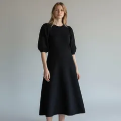 美品 FOXEY フォクシー ニットワンピース ウール カシミヤ リブニット パフスリーブ リブニット メッシュ カシミヤ混 カシミア cashmere ブラック 38 Mサイズ