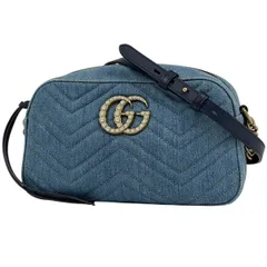 グッチ GUCCI GGマーモント チェーン ショルダーバッグ ダブルG 斜め掛け フェイクパール ショルダーバッグ デニム ブルー 447632 レディース 【中古】