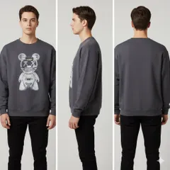 クマ風デザイン プリントスウェット トレーナー 【Mサイズ】 黒系 個性的 ストリート系 裏起毛