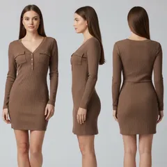 Zilihua リブニット タイトワンピース 長袖 Vネック フロントボタン ポケットデザイン 伸縮性あり ブラウン