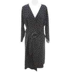ザラ ベーシック ZARA BASIC 水玉 ドット 長袖 膝丈 ラップワンピース フレアワンピース ワンピース M 紺系 ネイビー ストレッチ ベルト タグ付