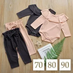 90 cm 〔 ラッフル長袖ロンパースセット 〕 丸襟 ビッグ襟 長袖 ロンパース セットアップ フリル リボン カバーオール パンツ ズボン カットソー パジャマ 子供 ベビー キッズ 女の子 出産祝い ギフト プレゼント 春 秋 ピンク ブラック 黒