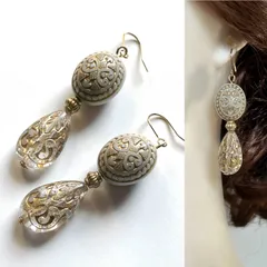 ヴィンテージ調ビーズピアス-アイボリークリア-