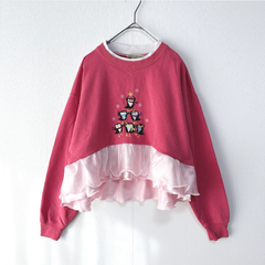 古着リメイクトレーナー　ペンギン刺繍　ピンクスウェット　ショート丈　裏起毛　ダブルフリル　クロップド　透け感　キラ感