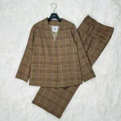 美品 nano universe ナノユニバース セットアップ ノーカラージャケット パンツ チェック オーバーサイズ  ノーカラー カラーレス ワイドパンツ レトロ ブラウン 36 Sサイズ