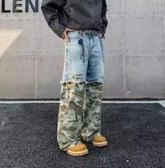 ハイストリート 迷彩パッチワーク ルーズストレート ジーンズ 韓国ストリート Y2K