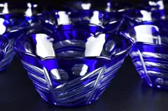 【蔵C8692a】青被せ硝子　ガラス　切子　輪花　向付　十一客