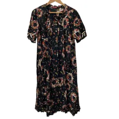 新品同様 PINK HOUSE ピンクハウス ピコフリル リボンフルーツ柄 半袖 ロングワンピース ブラック×レッド レディース 古着 中古 USED