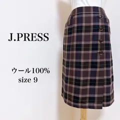 【美品】 J.PRESS ジェイプレス スカート ひざ丈 Aライン ウール100% チェック パープル 9 レディース 古着 匿名配送 送料無料 【4-380】