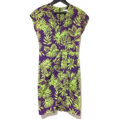 美品 Christian Dior クリスチャンディオール ボタニカル柄 ひざ上丈 フレンチスリーブ Vネック ワンピース F36サイズ パープル レディース 古着 中古 USED