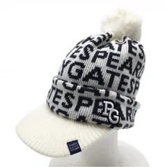 パーリーゲイツ つば付ニット帽 白×ネイビー ロゴ総柄 ボンボン付  FR  ゴルフウェア PEARLY GATES