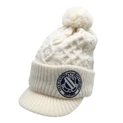 【超美品】パーリーゲイツ つば付きニット帽 アイボリー×ネイビー ボンボン付き 裏フリース FR  ゴルフウェア PEARLY GATES