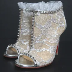 美品 Christian Louboutin クリスチャンルブタン HENRIETTA レース スタッズ ブーティー ショートブーツ 35.5 22.5cm シルバー レディース 古着 中古 USED