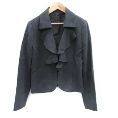 ホワイトジョーラ WHITE JOOLA テーラードジャケット ミドル丈 シングルボタン 総裏地 フリル ウール 11 グレー /SM30