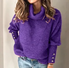 【パープル】レディース ニット タートルネック セーター 秋冬 ゆったり きれいめ 体型カバー 長袖 リブ編み 大人可愛い カジュアル ボタンデザイン ボタン付き トップス ゆったりシルエット