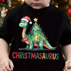 【送料無料】ジュニア キッズ 恐竜クリスマスTシャツ - かわいい恐竜サンタ帽＆クリスマサウルスレックスグラフィック 熱転写3DプリントTシャツ  パロディ 子供服 男の子 女の子 小学生 中学生  半袖 トップス スポーツ キャンプ 夏服 コットン100%