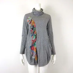 センソユニコ Senso unico キューブキューブ Cube-Cube チュニック ワンピース 長袖 オフタートル アシンメトリー 花柄 フリル L 40 杢 グレー ピンク 赤 オレンジ