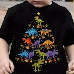 【送料無料】クリスマス恐竜ツリープリントTシャツ サンタ、トナカイ＆雪の結晶が描かれた鮮やかなホリデーデザイン 熱転写3DプリントTシャツ  パロディ 子供服 男の子 女の子 小学生 中学生  半袖 トップス スポーツ キャンプ 夏服 コットン100%