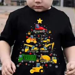 【送料無料】車両＆クリスマストラックプリントTシャツ - トラクター、ダンプトラック、ショベルカー、ブルドーザー付き 熱転写3DプリントTシャツ  パロディ 子供服 男の子 女の子 小学生 中学生  半袖 トップス スポーツ キャンプ 夏服 コットン100%