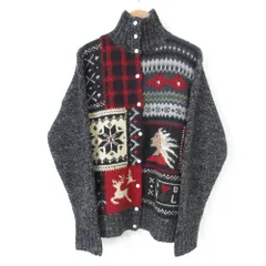 良品 90'S POLO SPORT ポロスポーツ ラルフローレン ネイティブニット ロングスリーブ ハイネック セーター カーディガン 15 ブラック レディース 古着 中古 USED