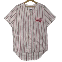 ヴィンテージ VENUS ATHLETIC WEAR USA製 企業ロゴプリント ストライプ柄 ベースボールシャツ 半袖 シャツ バックプリント ワンポイントプリント オーバーサイズ ビックシルエット USA製 メンズ L ホワイト