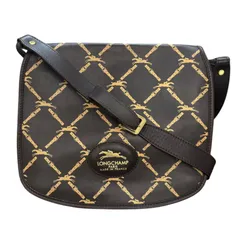 美品 LONGCHAMP ロンシャン ショルダーバッグ レザー ロゴ 総柄 フラップ フランス製 ブラウン 茶色 斜め掛け