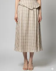 【新品未使用】チェック柄フレアスカート ベージュ系 Mサイズ ウエストゴム 裏地あり