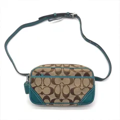 良品 COACH コーチ シグネチャー キャンバス レザー クロス ボディ ウエスト バッグ スカイブルー ベージュ ブランド かばん Bag r389