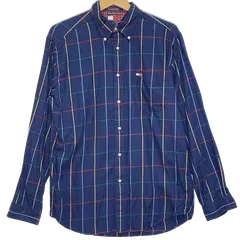 90's/90年代ヴィンテージ TOMMY HILFIGER/トミーヒルフィガー フラッグタグ チェック柄　長袖 シャツ ワンポイント刺繡 オーバーサイズ ビックシルエット　インドネシア製 メンズ XL ネイビー/その他