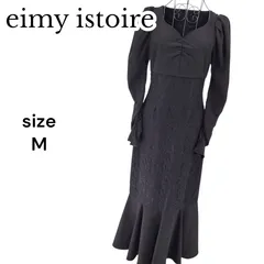 【美品】eimy istoire エイミーイストワール ハートネックロングスリーブレースマーメイドワンピース ロング丈ワンピース Ｍ ブラック ハイウエスト パフスリーブ レース レディース 長袖