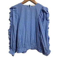 美品 22SS yori ヨリ フリルスリーブブラウス ギンガムチェック 長袖 プルオーバー YR2221-010SP サイズ38 ブルー レディース 古着 中古 USED