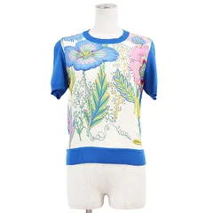 SALE【極美品】Salvatore Ferragamo サルヴァトーレフェラガモ 半袖Tシャツ ロゴ フラワー ボタニカル プリント ウール100% × シルク100% 切替 ハイゲージ プルオーバー クルーネック  レディース S マルチカラー イタリア製